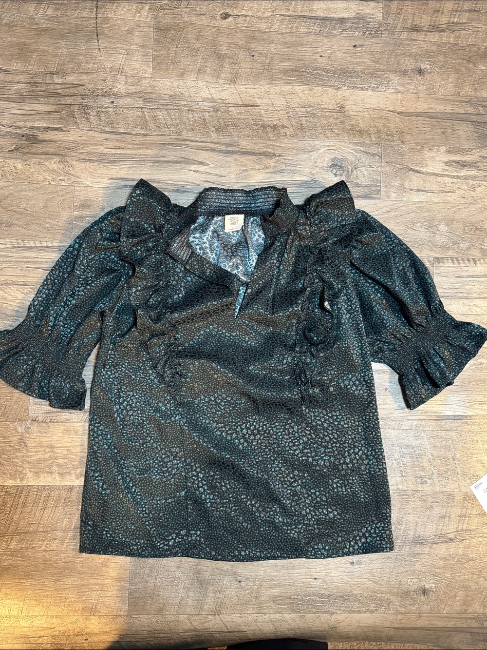 Good Hart Black and Green Ruffled Blouse with Half Sleeves - Size S
